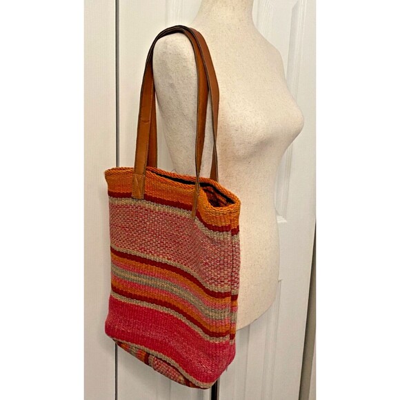 JENNY KRAUSS Wool Knit Shoulder TOTE Beach Book Bag BOHO Pink Orange Red Striped - Picture 2 of 7